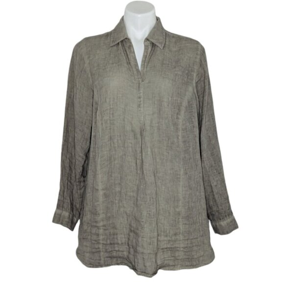 J. Jill Love Linen Gray Green Sage Quarter Button Long Sleeve Top Lagenlook - Picture 1 of 7